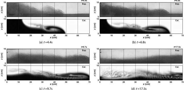 Fig. 4. Comparison between Experimental (Upper Picture) and Numerical (Lower Picture) Results Showing the Evolution on  Advection-Diffusion of a Saltwater Mass