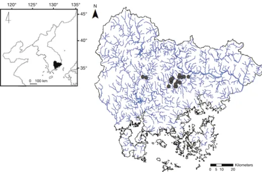 Fig. 1.   Map of the study sites in south-eastern part of South Korea. The study sites are indicated as solid circles (●)