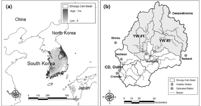 Fig. 2. The Study Area (a) Heavy Snowfall Frequency Over 20 cm/day During 30 years (1981-2010) (Kim et al., 2012) and (b) Chungju Dam  Study Watershed