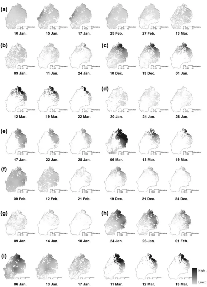 Fig. 4. Examples of the Snow Depth Distribution (SDD) in Chungju Dam Watershed (a) 2001, (b) 2002, (c) 2002-2003, (d) 2004, (e) 2005, (f)  2006, (g) 2007, (h) 2008, (i) 2010.