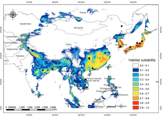 Fig. 2. Potential distribution of Ursus thibetanus estimated from Maxent model. The black spots (●) show the sampling site