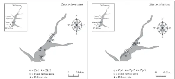 Fig. 2. Movement patterns of radio tag applied P. herzi and S. asotus.