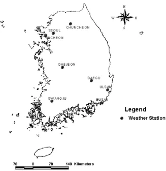 Table 1. List of Weather Stations and Duration of Observed Data Hold in Each Weather Station Station ID Station  Name Latitude(North) Longitude(East)  (EL.m)   (m) Data hold Daily Hourly 108 Seoul 37°34' 126°58' 86.0 0.5 1907-2010 1961-2010 112 Incheon 