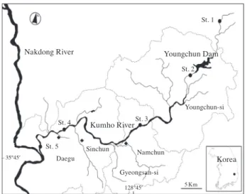 Fig. 1.   A map showing the sampling sites in the Kumho river (◆: 