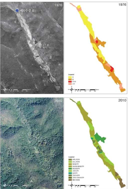 Fig. 2. Aerial photos(left) and landscape changes (right) of Ip-am wetland in 1976 and 2010.