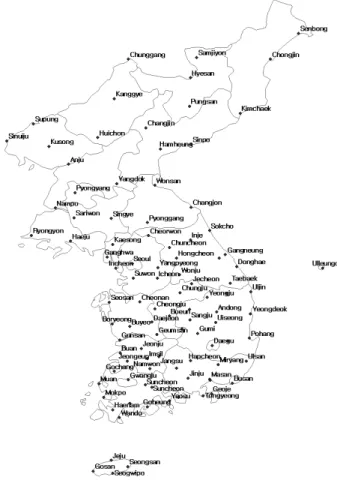 Fig. 1. Location of Rainfall Stations in this Study 1. 서 론최근 연이어 발생하고 있는 극한사상이 매스컴을 통하여 빈번하게 보도되고 있다