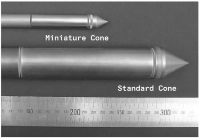 Fig. 1. Miniature Cone Versus Standard Cone1. 서 론최근 수 십 년간 기반시설 건설을 위한 토목구조물의 건설이 광범위하게 이루어져 왔으며, 이에 따른 다양한 형태의 지반조사가 수행되고 있다
