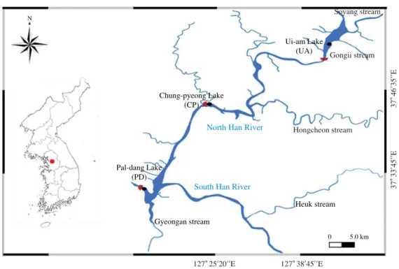 Fig. 1. A map showing the sampling sites in three serial lakes (Lake Ui-am, Lake Chung-pyeong, and Lake Pal-dang) in North Han River System from May 2012 to March 2013.
