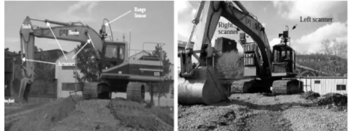 Fig. 1. Global Area and Local Area Fig. 2. Autonomous Excavator of CMU (Stentz et al., 1999)을 기반으로 영역분할, 최적 플랫폼 위치선정 및 작업 순차생성을 통해 최적의 토공 작업계획을 수립할 수 있어야 한다(Seo et al., 2007).토공사 작업환경의 3차원 가상환경 구축에 있어 실제 토공사 작업환경의  전반에  걸친  현장단위의  지형을  3차원  수치정보로 모델링하는 것을 