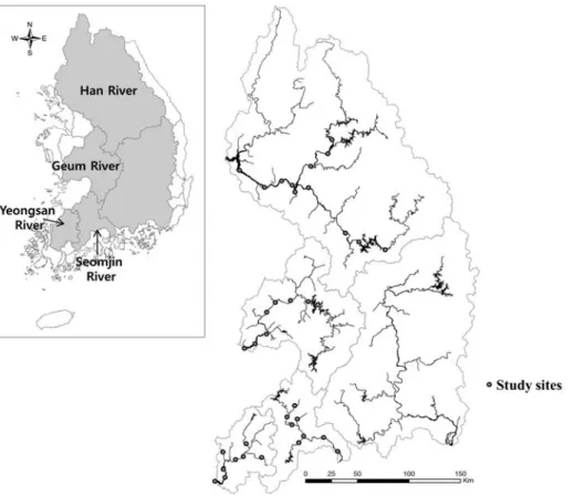 Fig. 1. Map showing river basin and water sample sites (●) for stoichiometry analysis between 2004 and 2008 in four river ecosystems