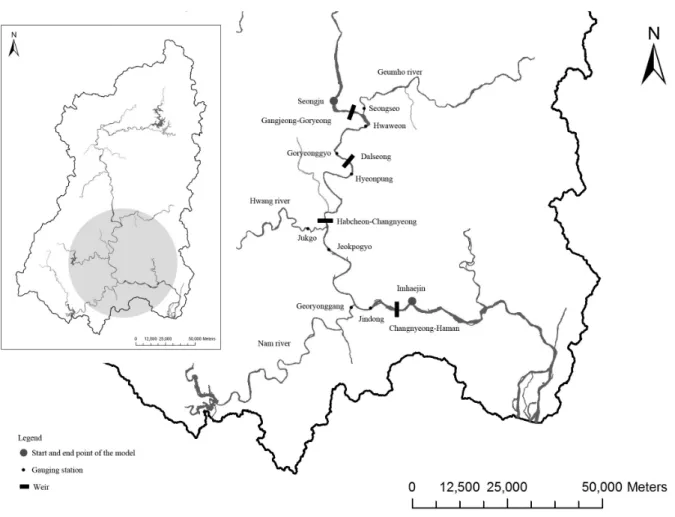 Fig. 1. Index Map of the Nakdong Basin and River  국내의 경우 전경수 등(2007)은 이를 수정하여 한강본류의 흐름해 석에  적용한  바  있다