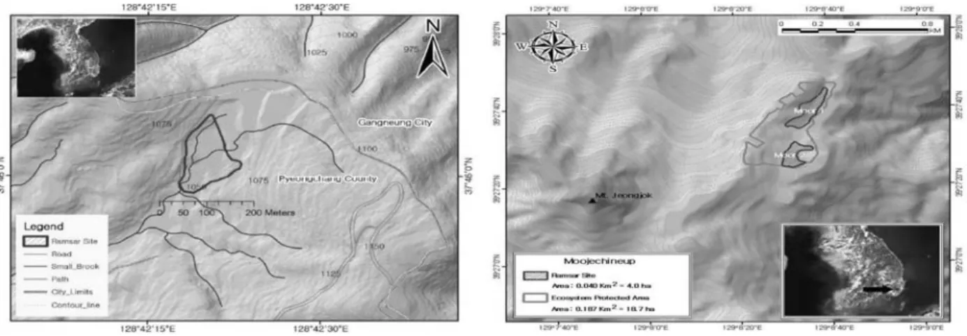 Fig. 1. The survey areas of two wetlands (Left: Jilmoineup, Right: Mujechineup). The source of the picture was as follow: