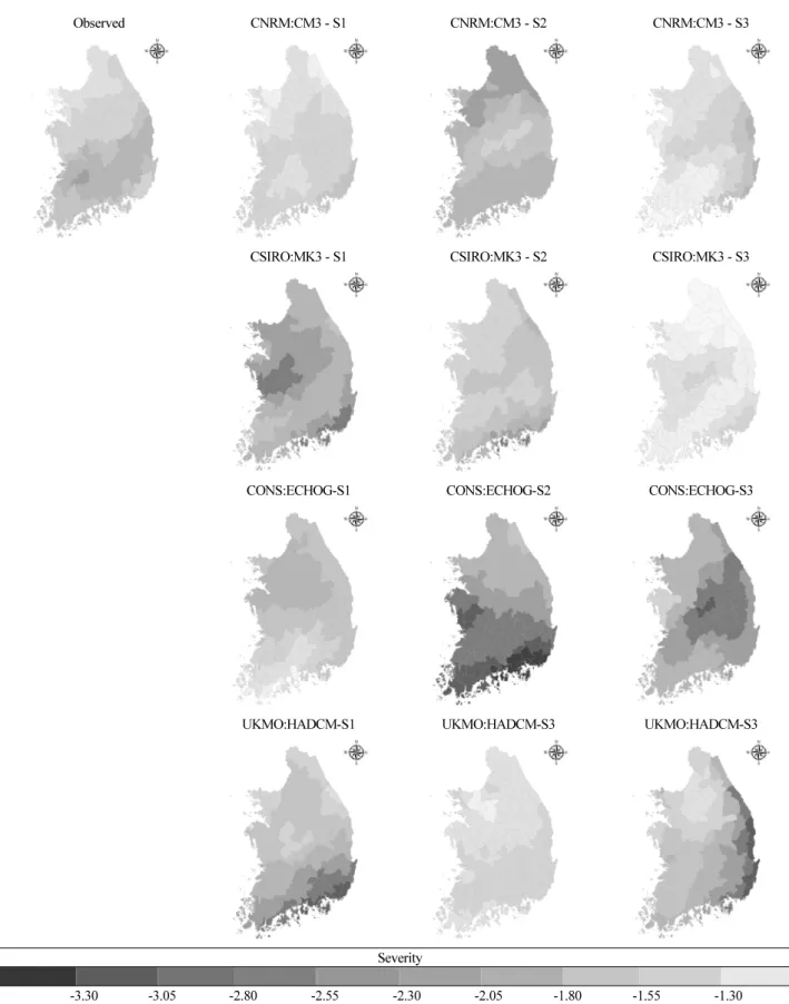 Fig. 6. Projected Change in Potential Drought Hazard area Between Observed (1976-2010) and Projected Period (S1, S2, S3) by 4 GCMs (A2  Scenario, Return Period: 200 years, Duration: 6 months) 
