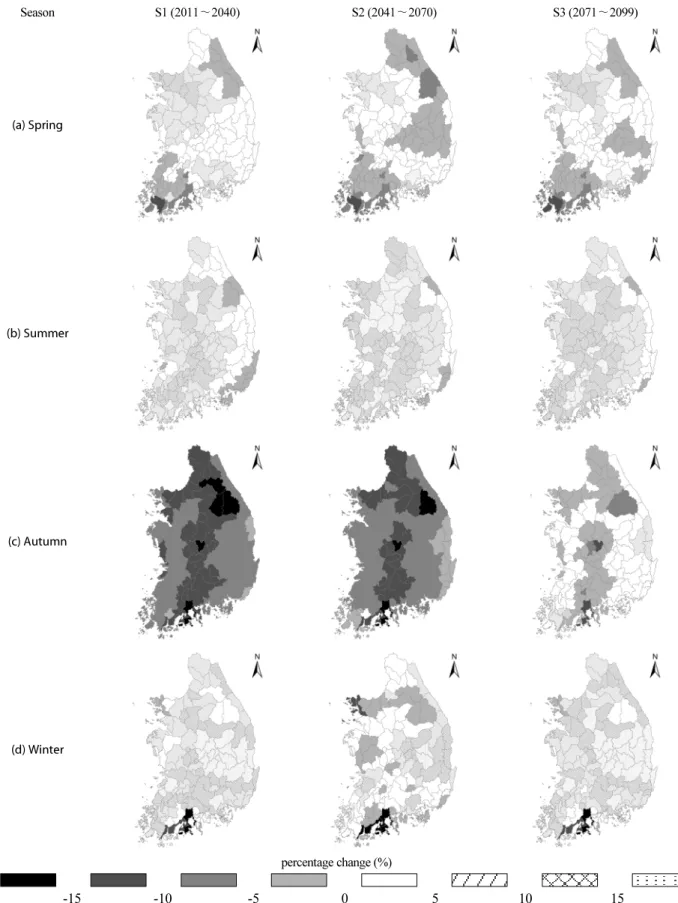 Fig. 2. Spatial Variation of Seasonal Precipitation Between Observed(1976-2010) and Projected (4 GCMs Averaged S1, S2, S3 Period) Data  Based on A2 Scenario