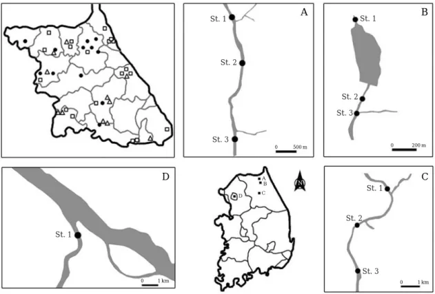 Fig. 1. Map of the study site and the fish kill events recorded in Gangwon-do from 2007 to 2009