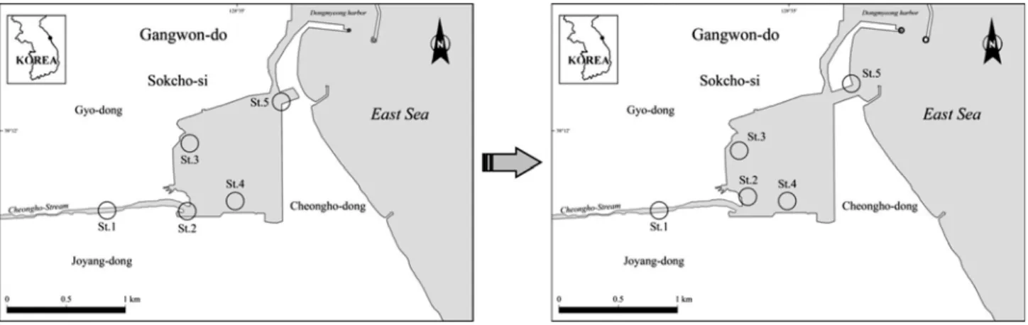 Fig. 1. Map showing the studied area. Each map shows the areas surveyed in 2008 (left) and those surveyed in 2012 (right).