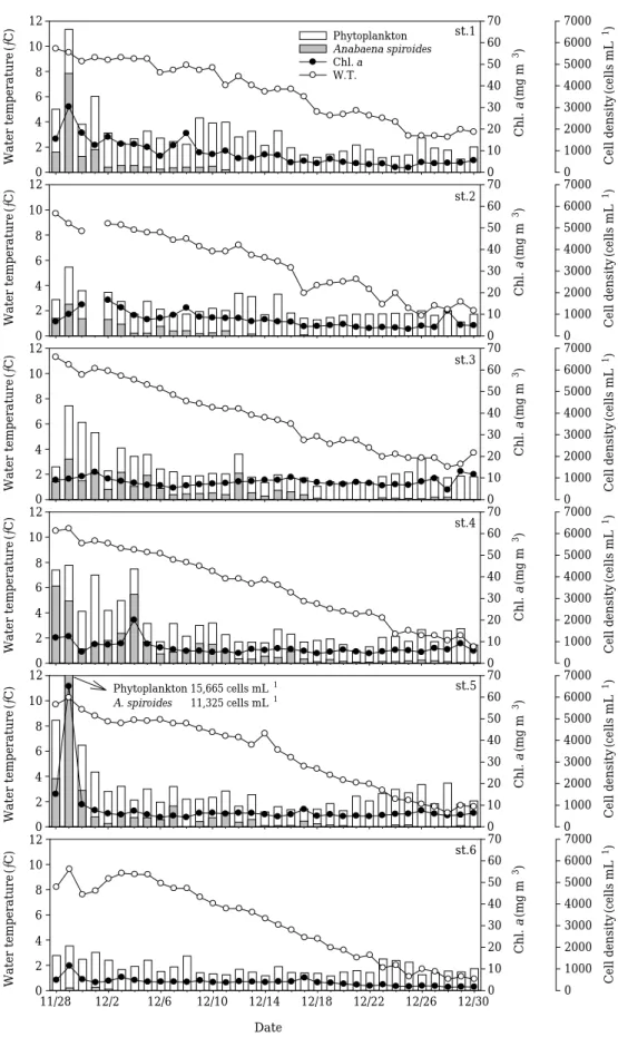 Fig. 3. Daily variation of phytoplankton, Anabaena spiroides, Chl. a and water temperature in the North-Han River.
