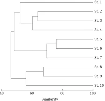 Fig. 4. Dendrogram for the cluster analysis based on sim- sim-ilarity index of the fish species found among the study stations in Ji Stream, Chungcheongnam-do, Korea from May to October 2011.