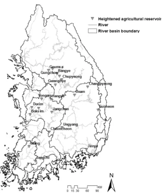 Fig. 1. Distribution of the heightened agricultural reservoirs used  in this study.1. 서  론우리나라 용수사용의  48%를 차지하고 있는 농업용수는 저수지와 양수장,  보 등을 이용하여 농경지에 용수를 공급하고 있다