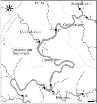 Fig. 1. Map showing the 9 sampling sites of the Joyang- Joyang-river and inflow streams from Jun