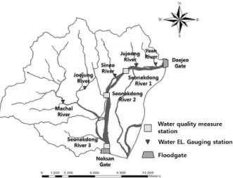 Fig. 1. Monitoring sites in Seonakdong river watershed환경부의  수질오염총량제의 시행계획 대상지역(낙본N  단위유역)으로 지정되었다