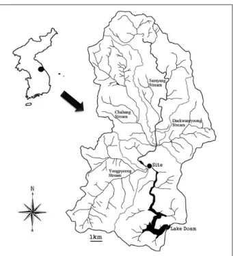 Fig. 1. Map showing the watershed area and sampling site in Lake Doam.