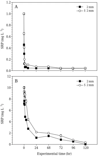 Fig. 2. Effect of particle size of Mg(OH) 2 on SRP removal in P-added solution (A: 1 mg P L -1 , B: 10 mg P L -1 ).