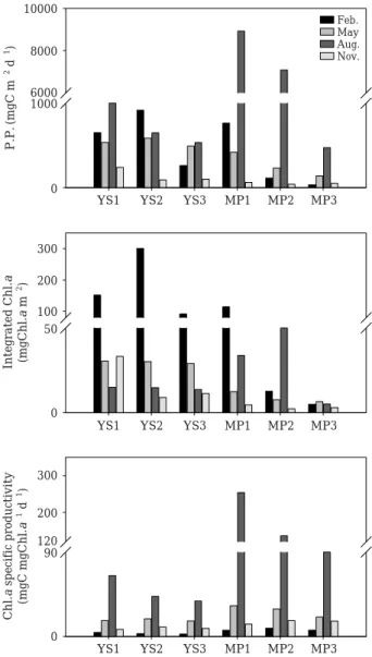 Fig. 6. Primary productivity (P.P.), depth integrated Chl. a (Chl. a), and Chl. a specific productivity (Chl