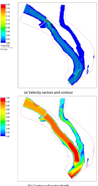 Fig. 8. Simulation results of velocity and water depth after  dredging