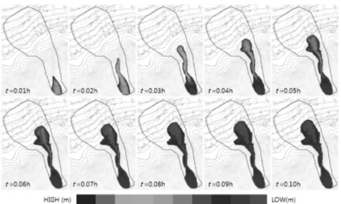 Fig. 5. Time evolution of debris flow thickness computed using  Aspen watershed conditions in Raemian region