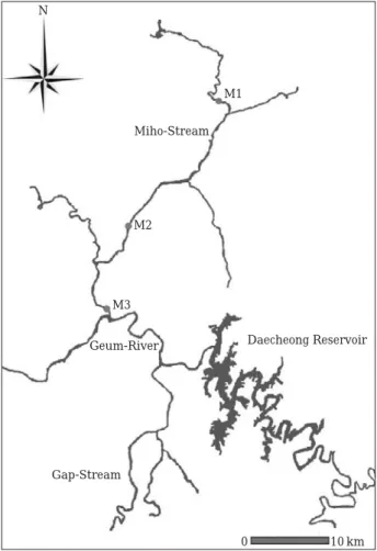 Fig. 1. The map showing the sampling sites in Miho Stream.