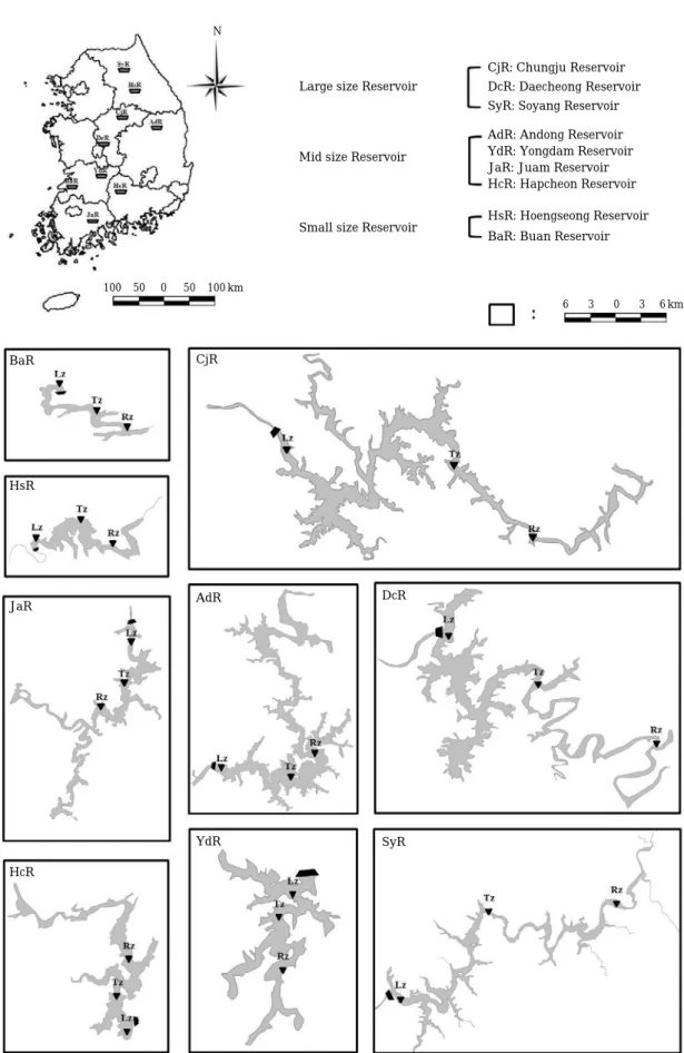 Fig. 1. The reservoir morphology and study sites of artificial dam reservoirs in the study area.