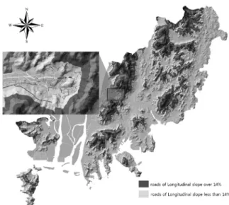 Fig. 1. Spacial analysis of the roads(slope)중첩(overlay)의 개념은 하나의 커버리지 위에 다른 커버리지를 올려놓고  두  커버리지에  나타난  형상들  간의  관계를  분석하는 것이다