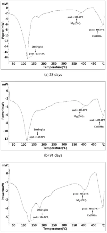 Fig. 4. DSC curve for paste with MgO (curing at 20℃)MgO  분말의 수화 반응이 장기재령에 걸쳐 느린 속도로 이루어지기 때문으로 판단된다