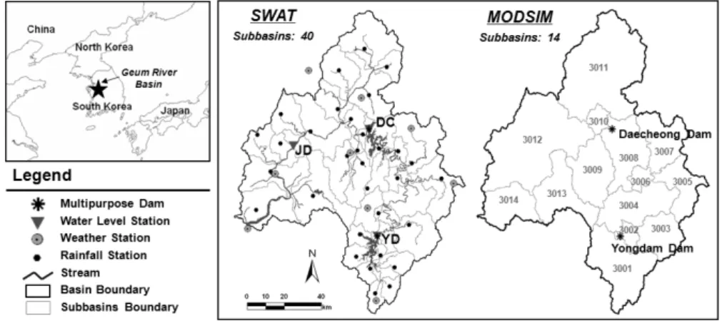 Fig. 2. Map of the Geum River basin and the list of hydrological observation.계산할 수 있도록 하였다