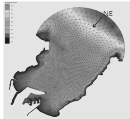 Fig. 1. Layout of simulation domain with FEM mesh and wave  direction.