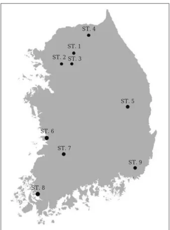 Fig. 1. Map showing the collection sites of Micropterus salmoides from Korea.
