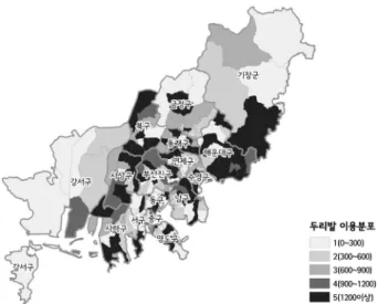 Fig. 5. Handicap Vehicles(Duribar) Utilization Distribution  이들의 이용목적을 살펴보면 병원 방문을 위한 이용건수가  137,111 건으로 전체의 59.86%를 차지해 교통약자의 이동특성 이 잘 반영되어 있음을 알 수 있었다