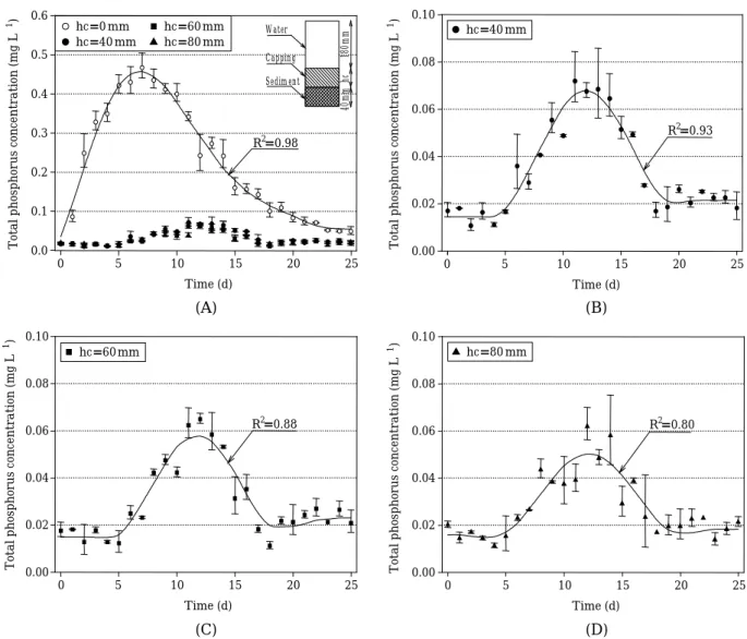 Fig. 7. Total phosphorus concentration curves for test conditions: (A) all column; (B) hc (capping thickness)= =40 mm; (C) hc= =60 mm; (D) hc= =80 mm