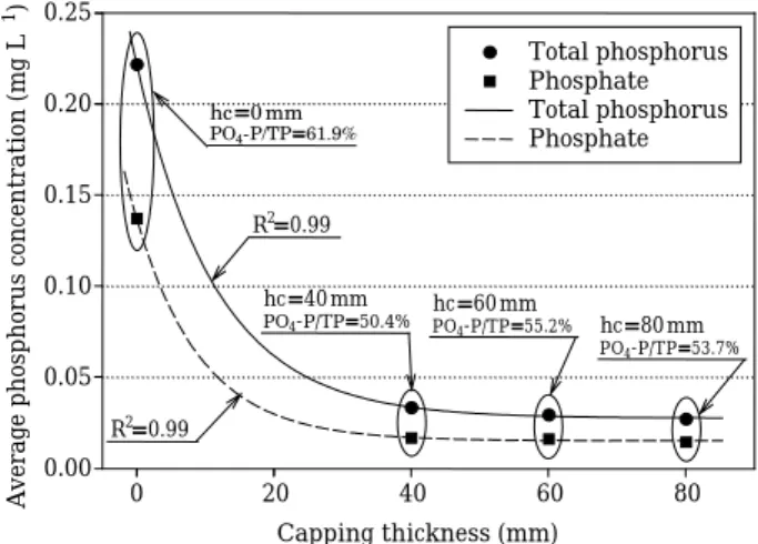 Fig. 9. Average concentration of total phosphorus and phosphate for test conditions as capping thickness.