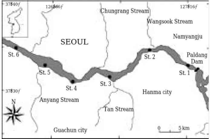 Fig. 1. A map showing the sampling stations in the lower part of the Han River.