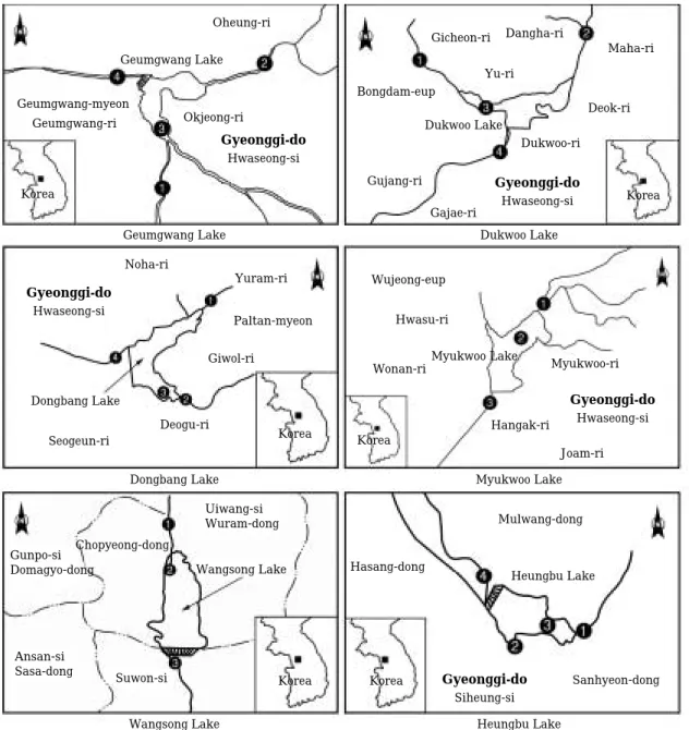 Fig. 1. Maps of six lakes studied. Three or four sampling sites of each lake including up and downstreams were investigated.