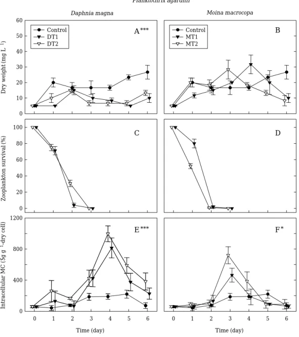 Fig. 2. Changes in dry weight, zooplankton survival rate and intracellular MC of Planktothrix agardhii strain when directly exposed to three different densities of Daphnia magna and Moina macrocopa (means±SE; n= =3)