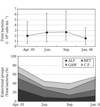Fig. 2. Variations of total bacterial numbers with stan- stan-dard deviation (upper) and  α∙β∙γ -subclass  pro-teobacteria/Cytophaga-Flavobacterium (CF) group detected by group-specific fluorescent probes to total bacteria (%, bottom) in the Juam Reservoir
