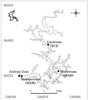 Fig. 1. Map showing the location of the sampling stations (●) in Andong Reservoir.