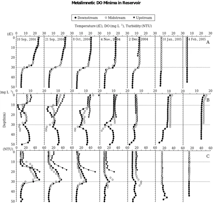 Fig. 3. Temporal and spatial profiles of temperature (A), DO (B) and turbidity (C) at 3 sections in Andong Reservoir from September 2004 to February 2005.