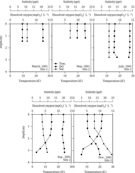 Fig. 3. Seasonal variations and vertical distribution on temperature, dissolved oxygen, and salinity at the site 2 and 3, March-November, 2001.