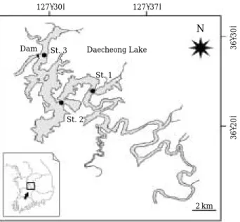 Fig. 1. A map showing the sampling stations in Daec- Daec-heong Lake. St. 1, Hoinam; St