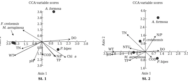 Fig. 6. CCA analysis of phytoplankton community (dominant species) and environmental factors in two different sites in Lake Juam from January to December 2003
