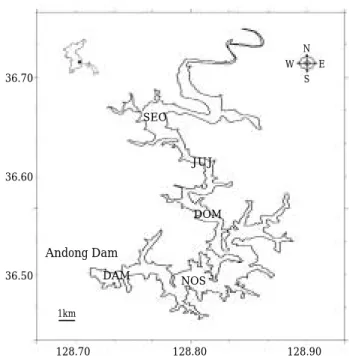 Fig. 1. Map showing sampling stations of Lake Andong.